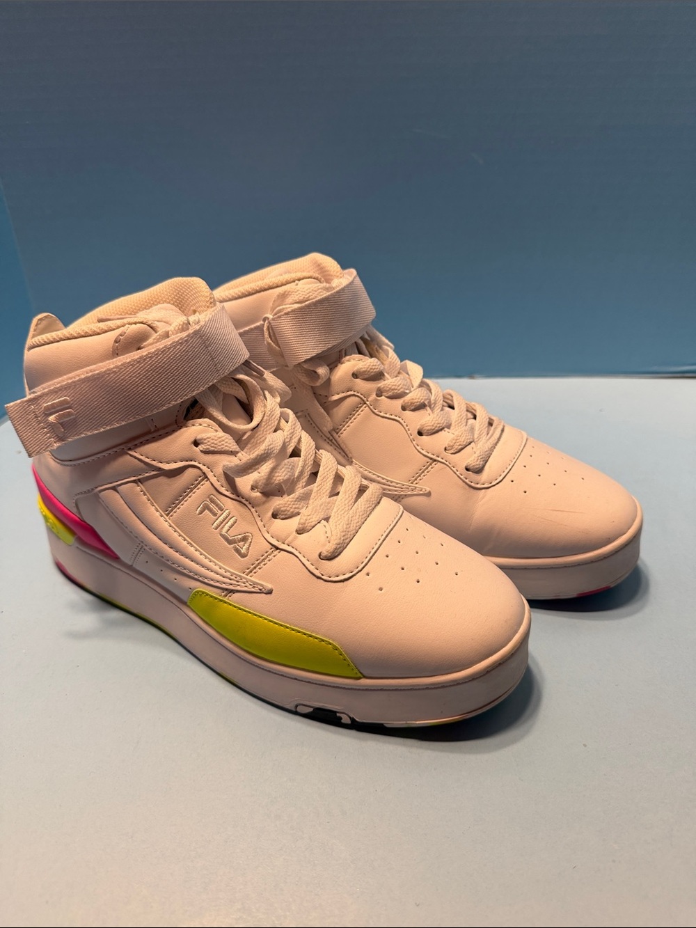 Fila Women’s White High-Top Sneakers with Neon Yellow and Neon Pink Accents